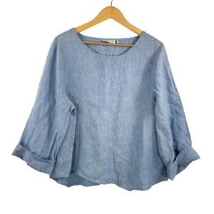 Habitat lagen look asymmetrical Blue Linen 3/4 Sleeve Top 90s beach‎ sz S